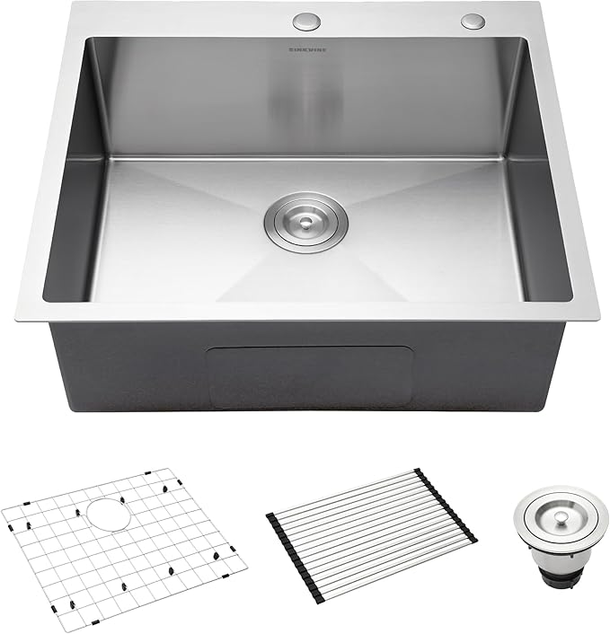 25-Inch Drop-In Kitchen Sink, SINKVINE 25" x 22" Stainless Steel Indoor and Outdoor Sink, Top Mount Large Deep Single Bowl Sink for Laundry Room, with Drain Strainer, Bottom Grid, Roll-up Drying Unit