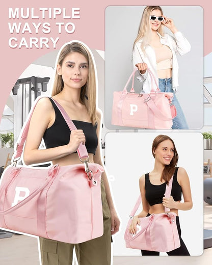Initial Travel Duffel Bag Sports Gym Bag for Girls Teen Birthday Gifts,Pink Personalized Weekender Bag Carry On Tote Bags for Women Men,Waterproof Overnight Luggage Bag with Trolley Sleeve(Letter P)