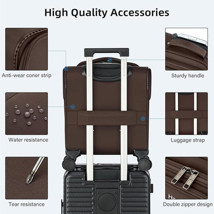 16 Inch Underseat Carry On Luggage with Wheels Softside Small Suitcases Personal Item Bag with Pocket Travel Luggage for Men Women Business Overnight Bag(Coffee)
