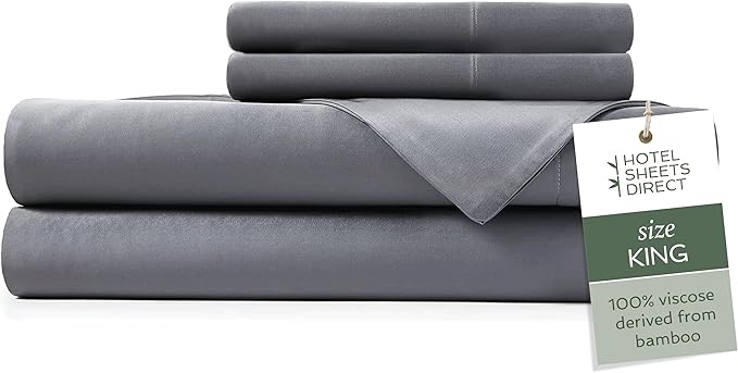 Hotel Sheets Direct 4 Piece Bed Sheet Set King Size, 100% Viscose Derived from Bamboo Sheets Set with 2 Pillowcases, Cooling & Breathable Luxury Bedding, Moisture-Wicking & Silky Soft, Dark Gray