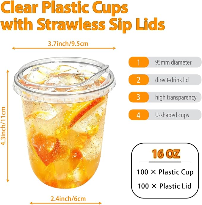 100 Sets 16 oz Clear Plastic Cups