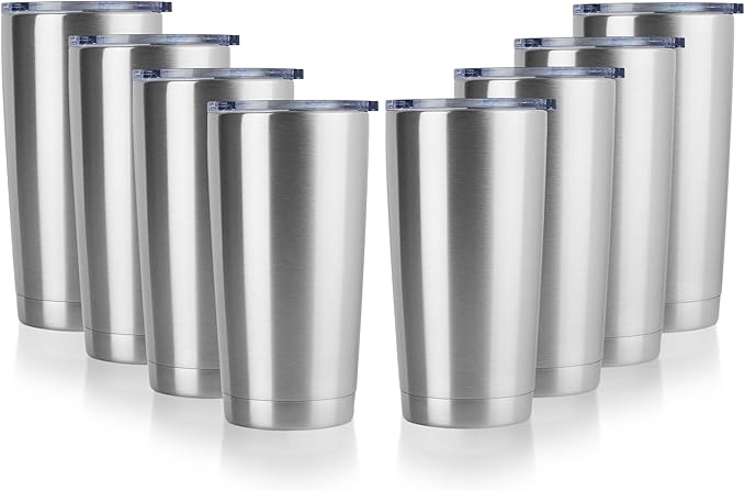 DOMICARE 20oz Stainless Steel Tumbler Bulk with Lid, Double Wall Vacuum Insulated Travel Mug, Powder Coated Coffee Cup, Stainless Steel, 8 Pack