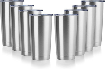 DOMICARE 20oz Stainless Steel Tumbler Bulk with Lid, Double Wall Vacuum Insulated Travel Mug, Powder Coated Coffee Cup, Stainless Steel, 8 Pack