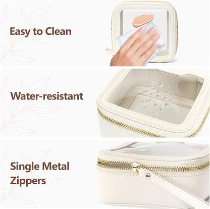 PACKISM Small Clear Makeup Bag - Pebbled Texture & Hard PU Leather Mini Makeup Bag for Purse, Cosmetic Travel Bag Car Bag for Essentials for Women Gift Daily Use (Cream Mini)