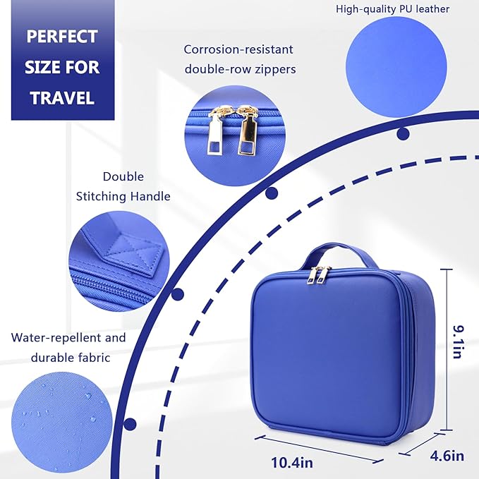 Travel Makeup Bag for Makeup Artists Large Makeup Case,with Mirror 3 Color Setting and Detachable 10x Magnifying Mirror Travel Makeup Bag,Portable Storage and Adjustable Dividers-dark blue