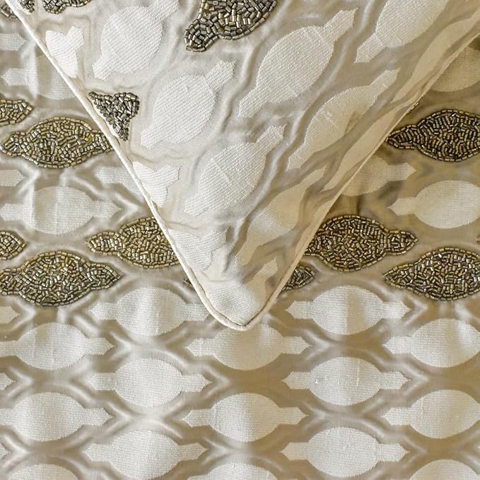 The HomeCentric King/Queen/Twin Ivory Decorative CA King 86"x18" Bed Runner with One Pillow Cover, Bead Hand Embroidery Bed Scarf on Jacquard Fabric - Priscilla Dazzle