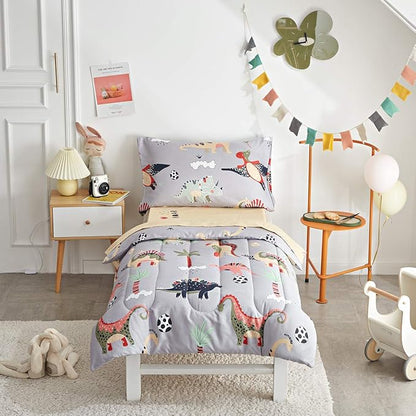 UOZZI BEDDING 4 Piece Gray Dinosaurs Toddler Bedding Set with Colorful Dinos Boys Bed Comforter Sheet Set