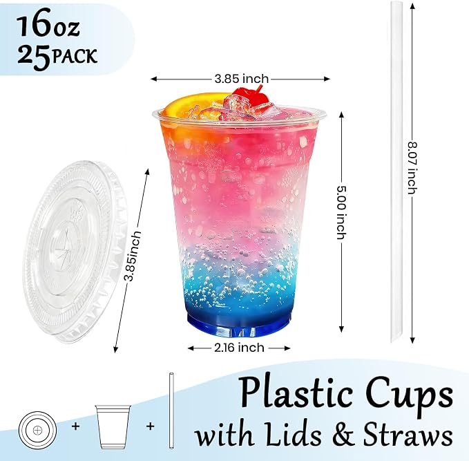 25 Pack 16oz Leak-Proof Clear Plastic Cups