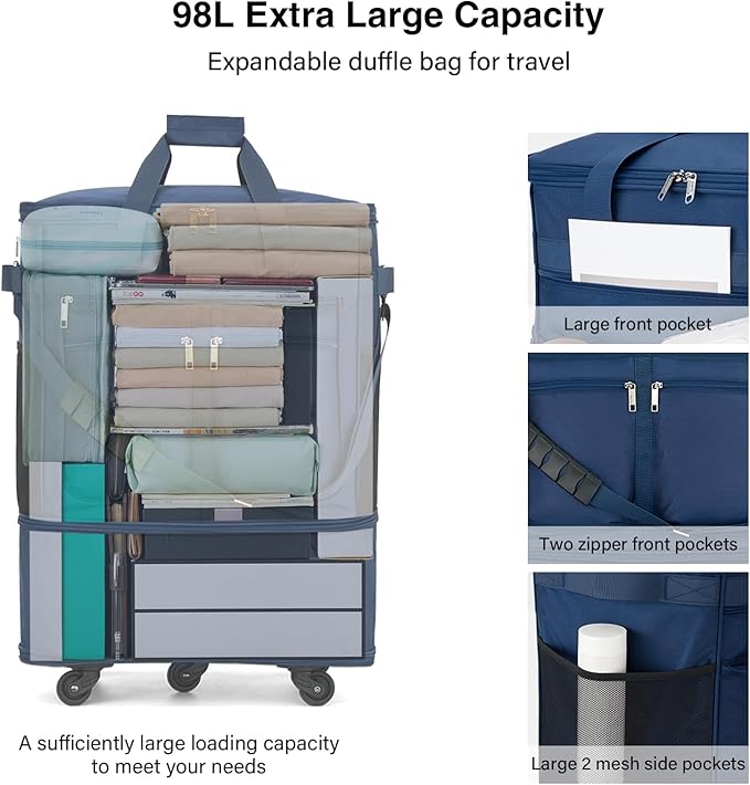MILADA Expandable Luggage Bags for Travel Foldable Suitcase with Wheels Collapsible Rolling Travel Duffle Bag Lightweight Large Suitcases without Telescoping Handle, Blue