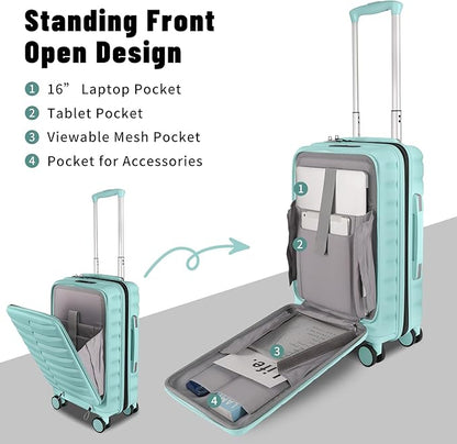 22×14×9 Airline Approved Carry On Luggage with Front Open Pocket Expandable, Spinner Wheels, ABS+PC Hardshell Small 20inch Suitcase with Protective Cover and Luggage Tag, Mint Green
