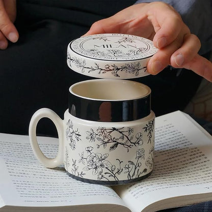 12.9oz Ceramic Coffee Mug with Lid, Flower Patterned Porcelain Mug, Ceramic Tea