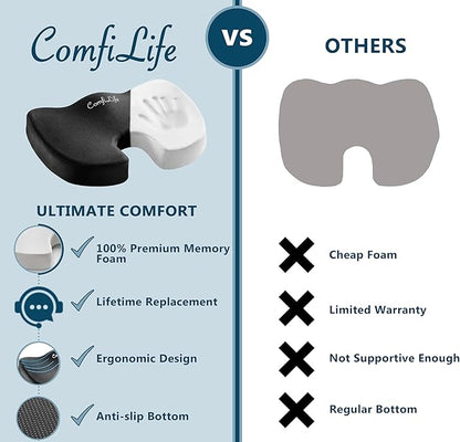 ComfiLife Premium Comfort Seat Cushion - Non-Slip Orthopedic 100% Memory Foam Coccyx Cushion for Tailbone Pain - Cushion for Office Chair Car Seat - Back Pain & Sciatica Relief (Black)