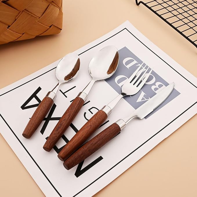 4-Piece Wooden Handle Silverware Set, BRIIEC 304 Stainless Steel Flatware Set