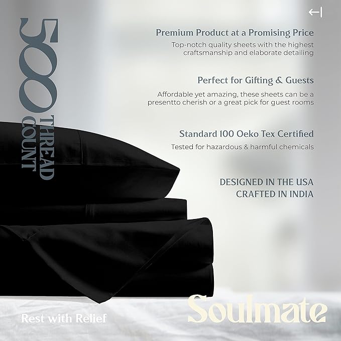 Mayfair Linen 500 Thread Count Full Cotton Sheets - 4 PC Full Size Bed Sheet Set Cotton (Black), Soft, Cooling, Sateen Hotel-Quality 16" Deep Pocket Bedsheet for Hot Sleepers (Fits 18" Mattress)
