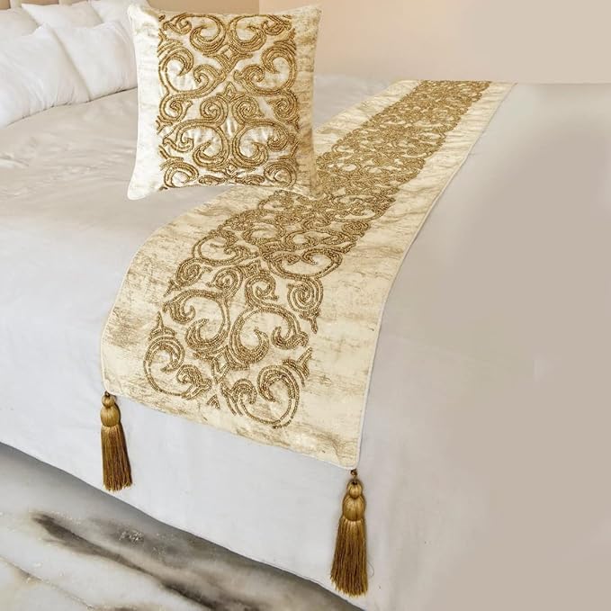 The HomeCentric King/Queen/Twin Gold Designer CA King 86"x18" Bed Runner Without Pillow Cover, Foil & Hand Beaded Embroidery Bed Scarf on Jacquard Fabric - Ornamento Oro