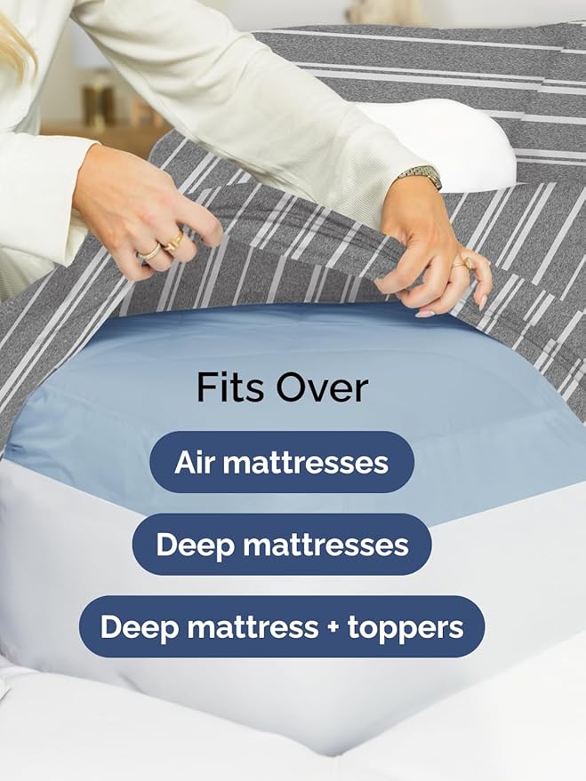 Extra Deep Queen Fitted Sheet - Hotel Luxury Single Fitted Sheet Only - Easily Fits 18 inch to 24 inch Mattress - Ultra Soft, Wrinkle Free with Extra Deep Pockets - Breathable & Comfy - Grey Stripes
