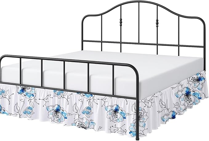 Cottington Lane Ruffled Bed Skirt King Size with Split Corner, Brushed Microfiber Hotel Quality Dust Ruffle, 18 Inch Drop Gathered Bedskirt, Soft, Stylish, Shrink & Fade Resistant, Blue Blossom