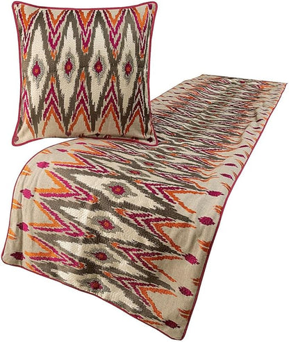 The HomeCentric King Queen Twin Multi Color & Pink Decorative King 90"x18" Bed Runner with Pillow Cover, Embroidered & Beaded Bed Scarf on Cotton Linen Fabric - My Ikat Love