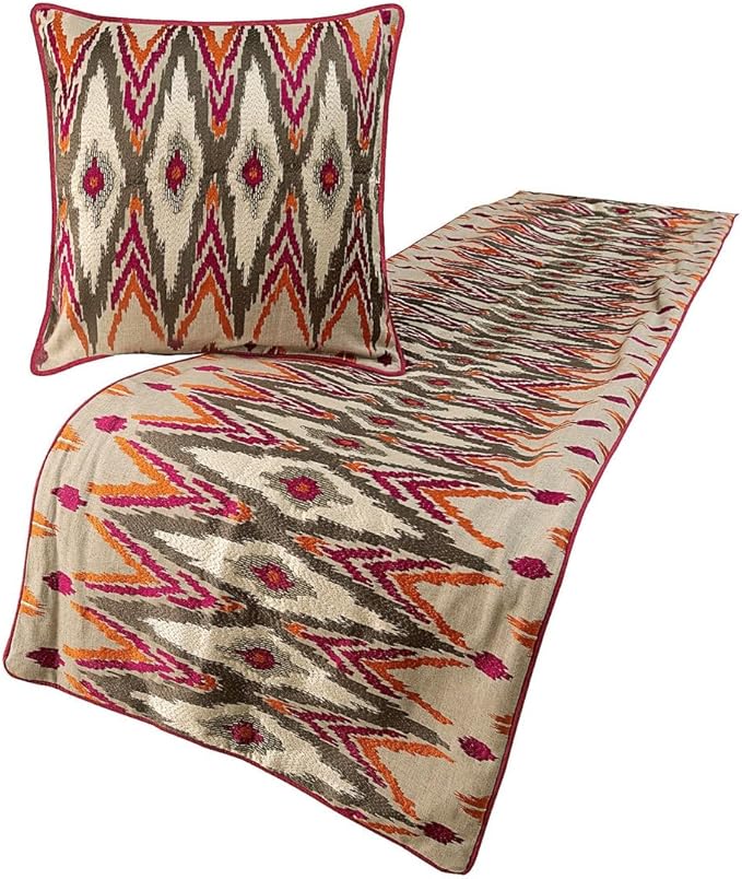 The HomeCentric King Queen Twin Multi Color & Pink Handmade Queen 74"x18" Bed Runner Without Pillow Cover, Embroidered & Beaded Bed Scarf on Cotton Linen Fabric - My Ikat Love
