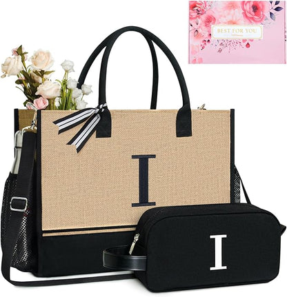 TOPDesign Personalized Initial Canvas Tote Bag, for Wedding, Birthday, Beach, Perfect Gifts for Women, Mom, Teachers, Friends