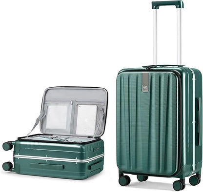 Hanke 24 Inch Checked Luggage Front Opening Rolling Suitcase Hard Sided Luggage with Spinner Wheels Travel Luggagefor Woman Men.(Dark Green)