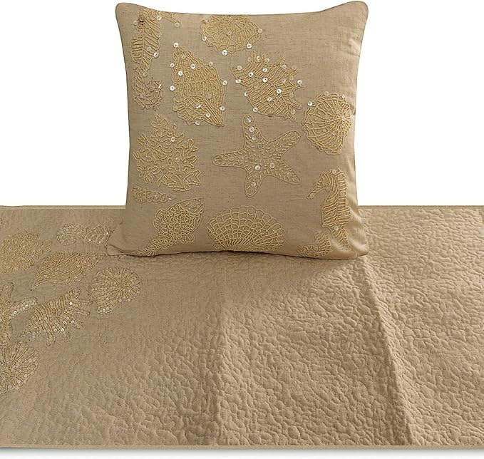 The HomeCentric King Queen Twin Beige Handmade King 90"x18" Bed Runner with 2 Pillow Cover, Pearl Embroidery Bed Scarf on Linen Fabric - Off to The Sea