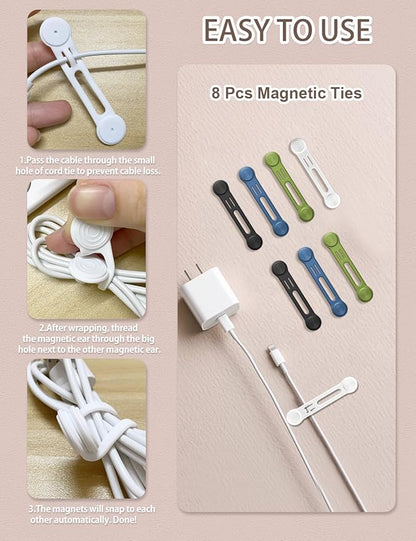 Kanemc 8-Pack Magnetic Cable Ties, Magnet Cord Wraps Reusable Silicone Cable Organizer Twist Zip Ties For USB Earphone Computer Smartphone Charging Cords (4Colors)