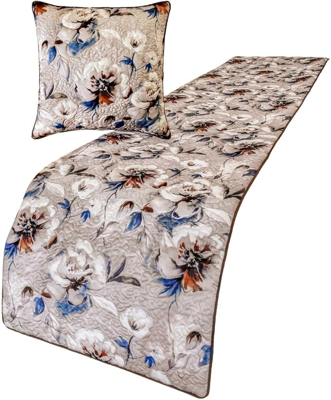 The HomeCentric King/Queen/Twin Ivory Decorative CA King 86"x18" Bed Runner Without Pillow Cover, Floral, Quilted Bed Scarf on Satin Fabric - Floral Harmony