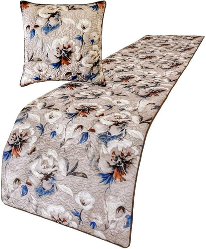 The HomeCentric King/Queen/Twin Ivory Luxury King 90"x18" Bed Runner with Two Pillow Cover, Floral, Quilted Bed Scarf on Satin Fabric - Floral Harmony