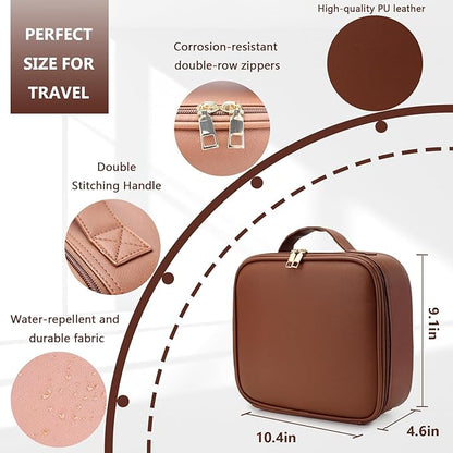 Travel Makeup Bag for Women and Makeup Artists Cosmetic Organizer Large Makeup Case,Travel Makeup Bag with Mirror 3 Color Setting,Portable Storage and Adjustable Dividers(Dark brown)