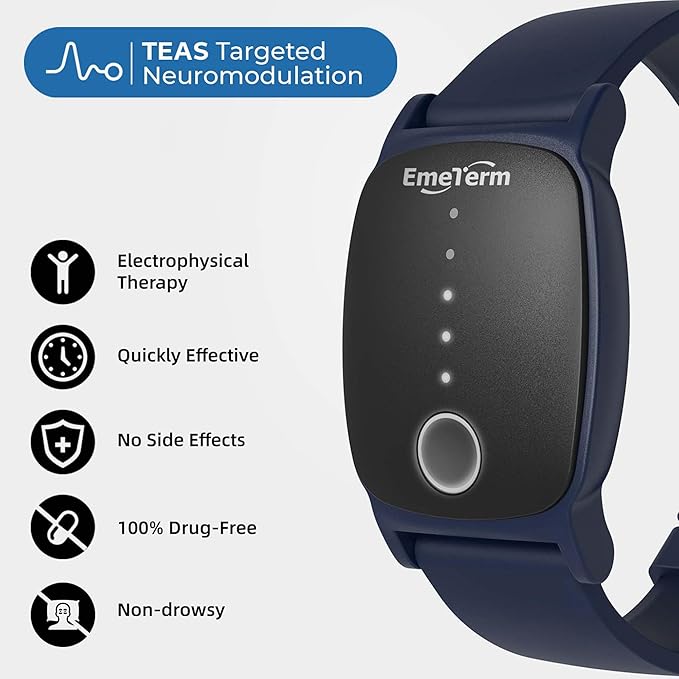 EmeTerm Explore FDA-Cleared Anti-Nausea Wristband IP67 Waterproof Morning Motion Sickness Relief Band Rechargeable Classic Strap Design Drug Free Non-drowsy Without Side Effects Navy Blue