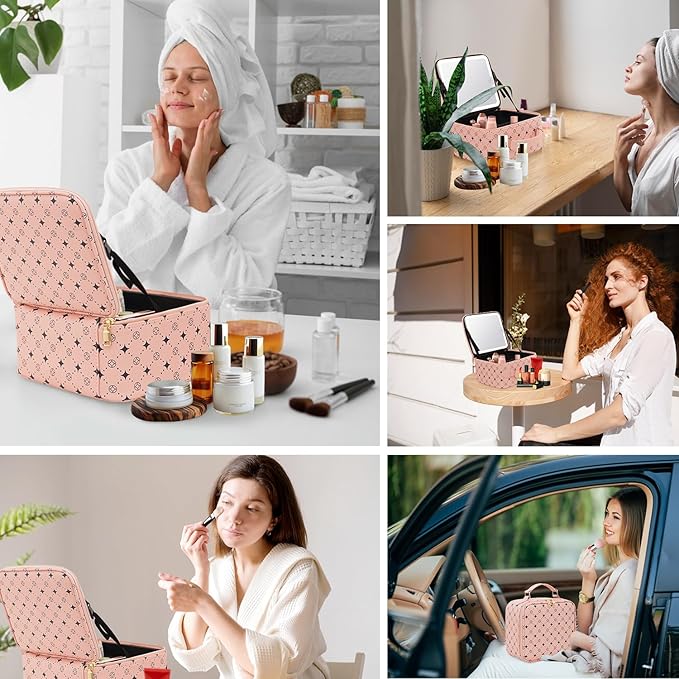 Travel Makeup Bag With 360° rotating LED Mirror,Waterproof cosmetic organizer,Portability Cosmetic case,Makeup organizer,Gift for Women,Girls Gift (Pink)