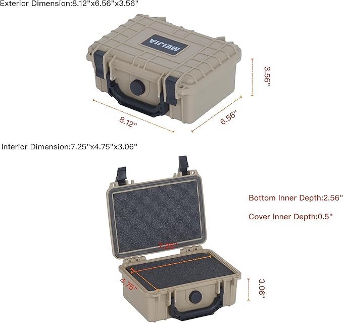 MEIJIA IP67 waterproof hard compact case,Customizable Fit Foam,8.12”x6.56”x 3.56”,Fit Use of Drones, Cameras,Equipments,lens (Desert Tan)