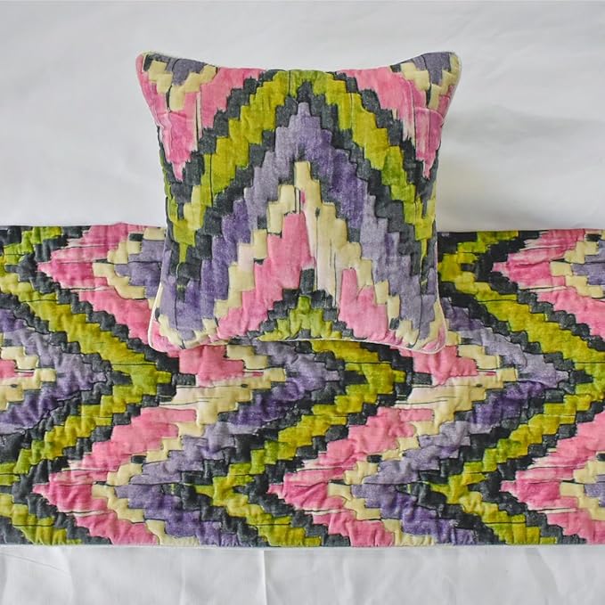 The HomeCentric King/Queen/Twin Pink & Purple Luxury Full 68"x18" Bed Runner with Two Pillow Cover, Chevron, Quilted Bed Scarf on Velvet Fabric - Artful Chevron