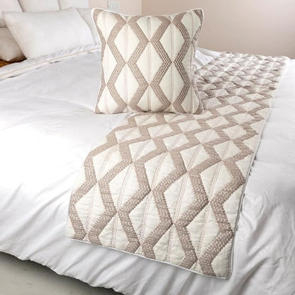 The HomeCentric Ivory Bed Runner, Queen Size 74"x18" Decorative Bed Runner with Matching Pillow Cover, Ivory & Taupe Linen Bed Scarf in Quilted Pattern & Linen Embroidery - Pattern Flatter