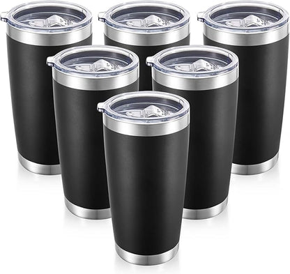 20 oz Tumblers Bulk Stainless Steel Tumbler with Lid Double Wall Vacuum Insulated Coffee Mug 20oz Powder Coated Cup for Hot and Cold Drinks, Black, 6 pack
