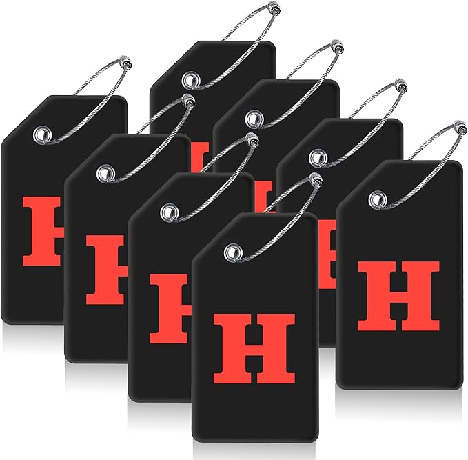 8 Pcs Luggage Tags for Suitcases, 26 Initial Letter Travel Luggage Baggage Identification Labels ID Tags Fully Bendable Tags with Stainless Steel Loop (Letter H, Black)