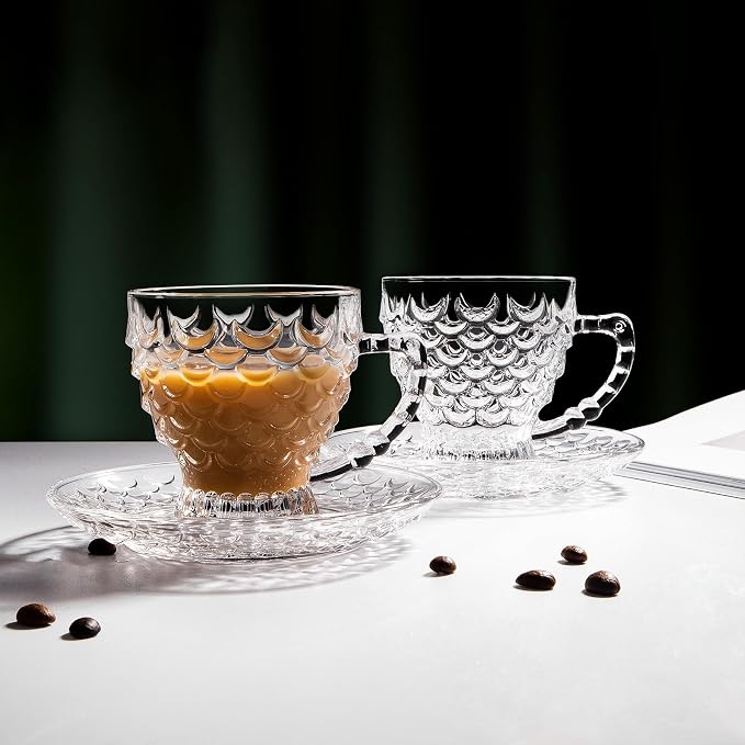 Glass Tea Cups and Saucers Set of 6