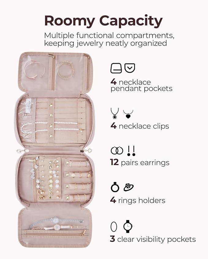 BAGSMART Jewelry Organizer Case Travel Jewelry Storage Bag for Necklace, Earrings, Rings, Bracelet, Soft Pink