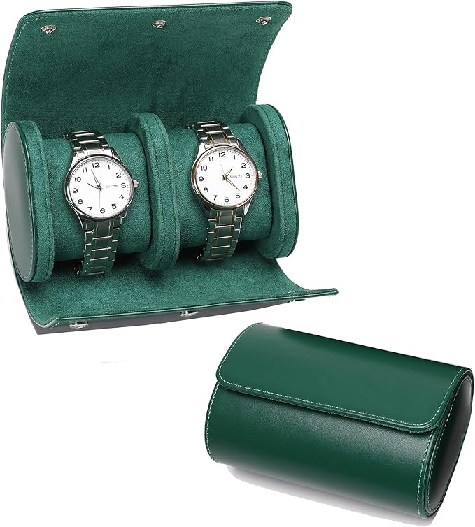 Watch Travel Case, Luxury Leather Watch Roll 2 Slot Organizer Box, Jewelry Storage Case Gifts for Man and Woman Christmas Anniversary Birthday (Green-2slot)