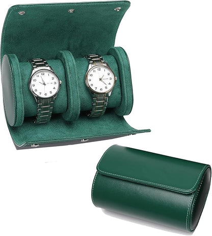 Watch Travel Case, Luxury Leather Watch Roll 2 Slot Organizer Box, Jewelry Storage Case Gifts for Man and Woman Christmas Anniversary Birthday (Green-2slot)