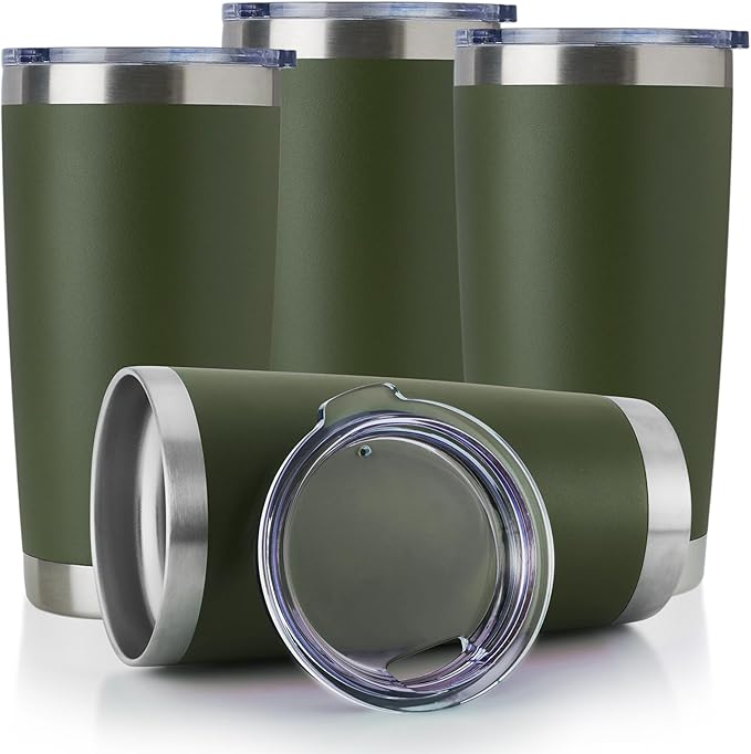 DOMICARE 20oz Stainless Steel Tumbler Bulk with Lid, Double Wall Vacuum Insulated Travel Mug, Powder Coated Coffee Cup (Army Green, 4)
