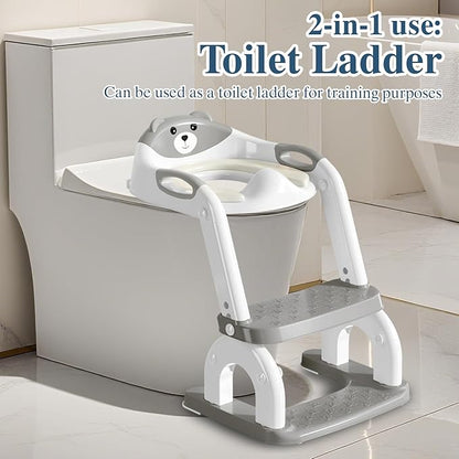 Potty Training Seat for Toddlers, Adjustable Height 2-in-1 Potty Training Toilet Ladder for Kids Boys Girls with Splash Guard, Waterproof Cushion, Anti-Slip Pad Step Stoo - Grey