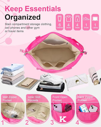 Overnight Bag for Kids Teen Girls Weekender Dance Bag Birthday Graduation Gifts,Initial Travel Duffel Bag Sports Gym Bag Personalized Weekender Bag Carry On Bags Preppy Gifts for Women(Hot Pink, K)
