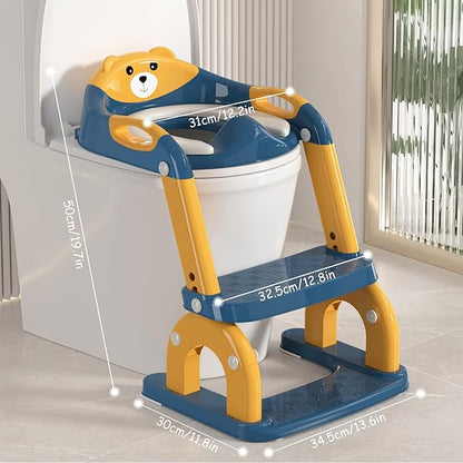 Potty Training Seat for Toddlers - Upgrade 2-in-1 Toilet Seat Toilet Ladder for Kids Children Boys Girls, Anti-Slip Pad & Adjustable Height with Waterproof PVC Cushion - Dark Blue