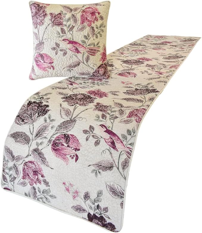 The HomeCentric King/Queen/Twin Pink Decorative King 90"x18" Bed Runner with 2 Pillow Cover, Quilted, Printed & Pearl Embroidery Bed Scarf on Cotton Fabric - Vintage Birdie