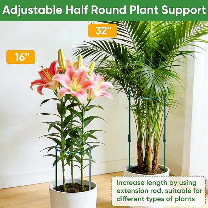 6 Pack 32 or 16 inch Adjustable Plant Support Stakes, Heavy-Duty Half Round