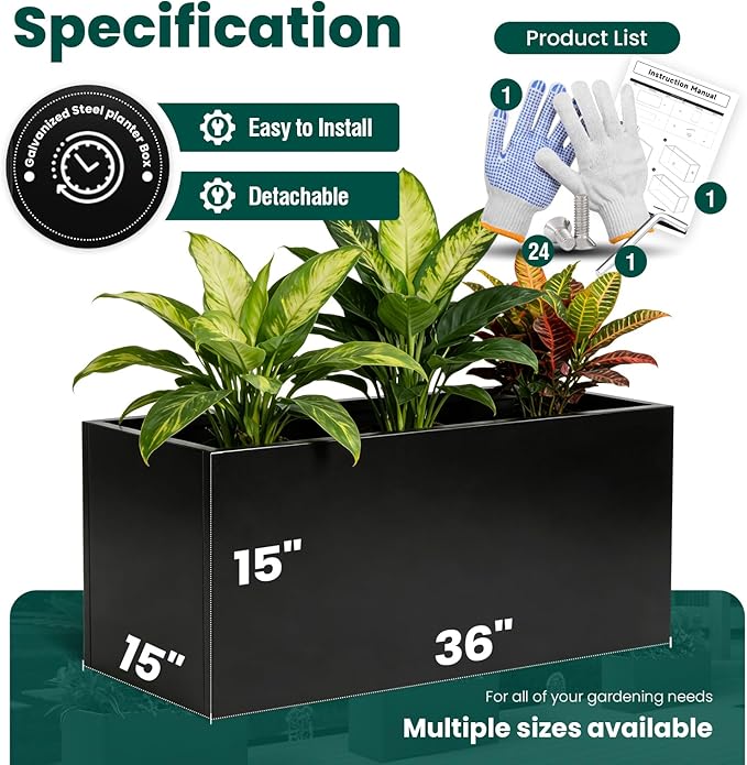 Metal Rectangular Planter Black Galvanized Steel Rectangle Planter Box 36" L x