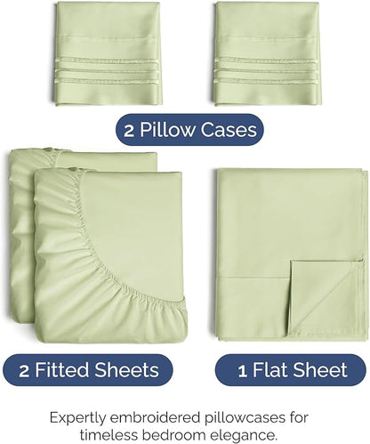 Split King Size 5 Piece Sheet Set - Comfy Breathable & Cooling Bed Sheets Set - Hotel Luxury Bedding for Women, Men, Kids, Teens, Boys & Girls - Deep Pockets and Wrinkle Free - Oeko-Tex - Light Sage