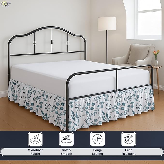 Cottington Lane Ruffled Bed Skirt Full Size with Split Corner, Brushed Microfiber Hotel Quality Dust Ruffle, 14" Drop Gathered Bedskirt, Soft, Stylish, Shrink & Fade Resistant, Tranquil Green Petals
